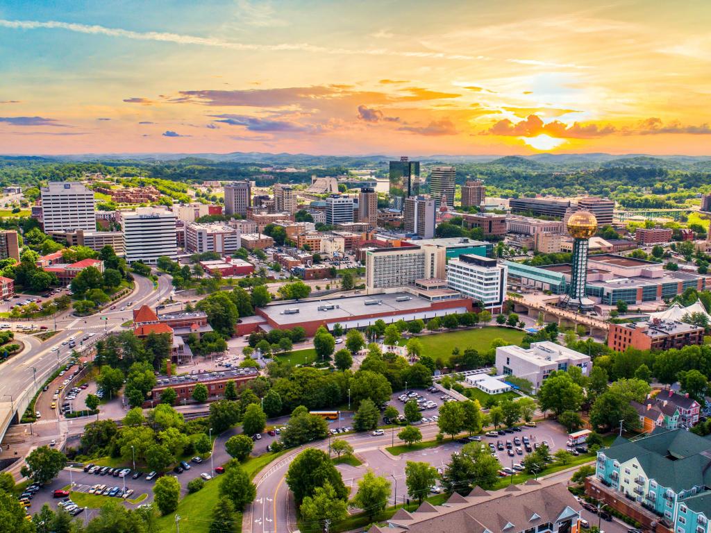 Knoxville, Tennessee, USA Downtown Skyline. Aerial shot during sunset.