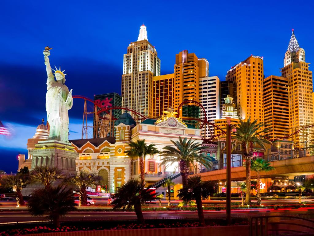 Las Vegas Strip, USA with a view of New York-New York located on the Las Vegas Strip at night.