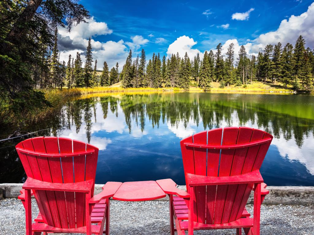 Jasper National Park in the Rocky Mountains. On shores of the lake grow coniferous forests