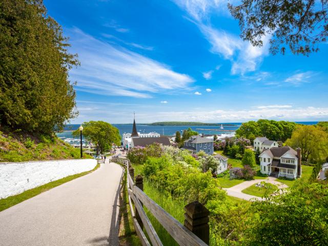 Picturesque path down to the State Harbor Marina on Mackinac Island, Michigan