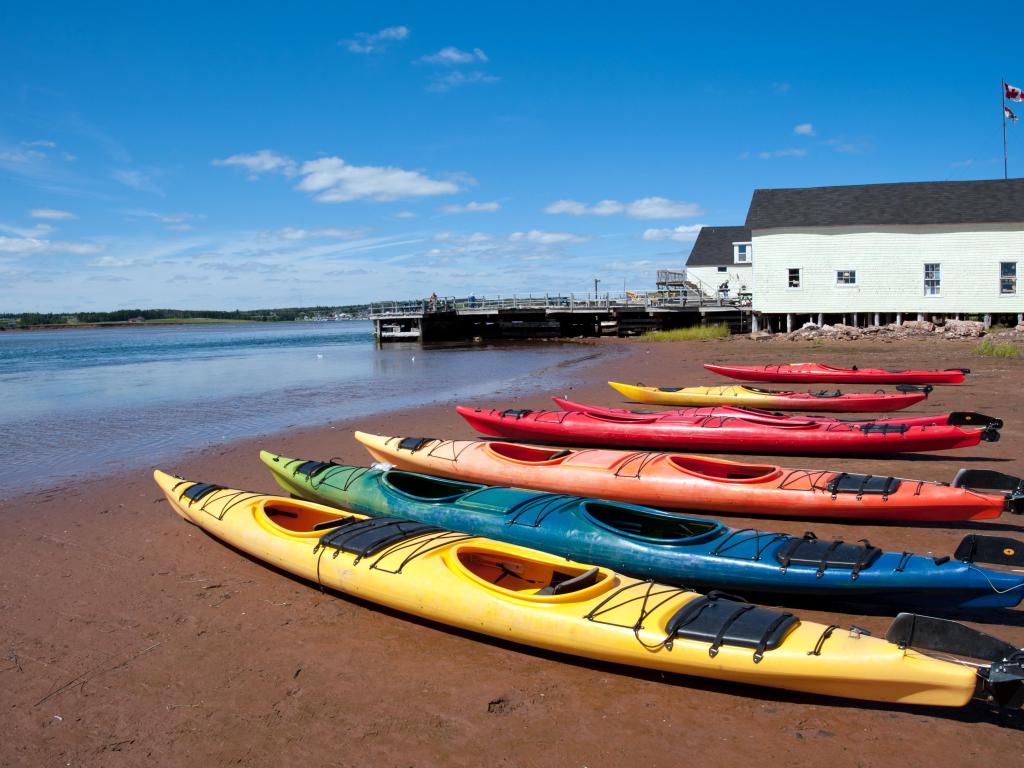 Colorful kayaks on the Prince Edward Island beach