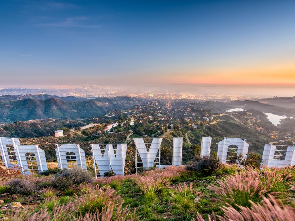 View of Los Angeles covered by morning fog in February from behind the Hollywood sign