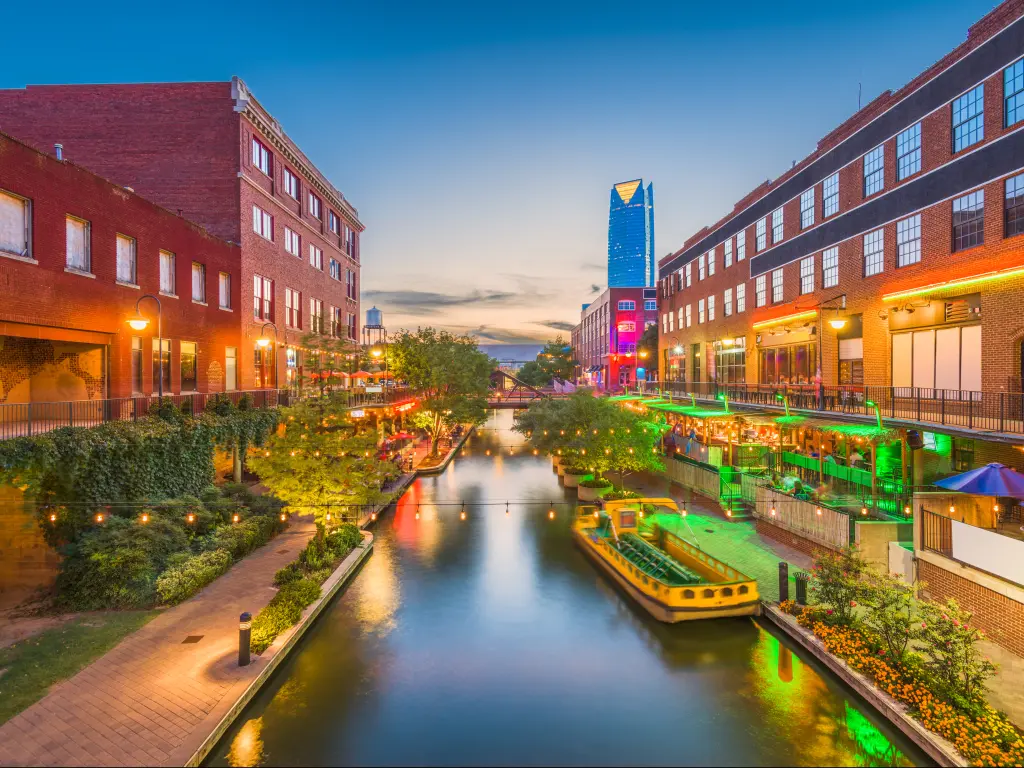 A canal in the Bricktown neighborhood in Oklahoma City in the evening.