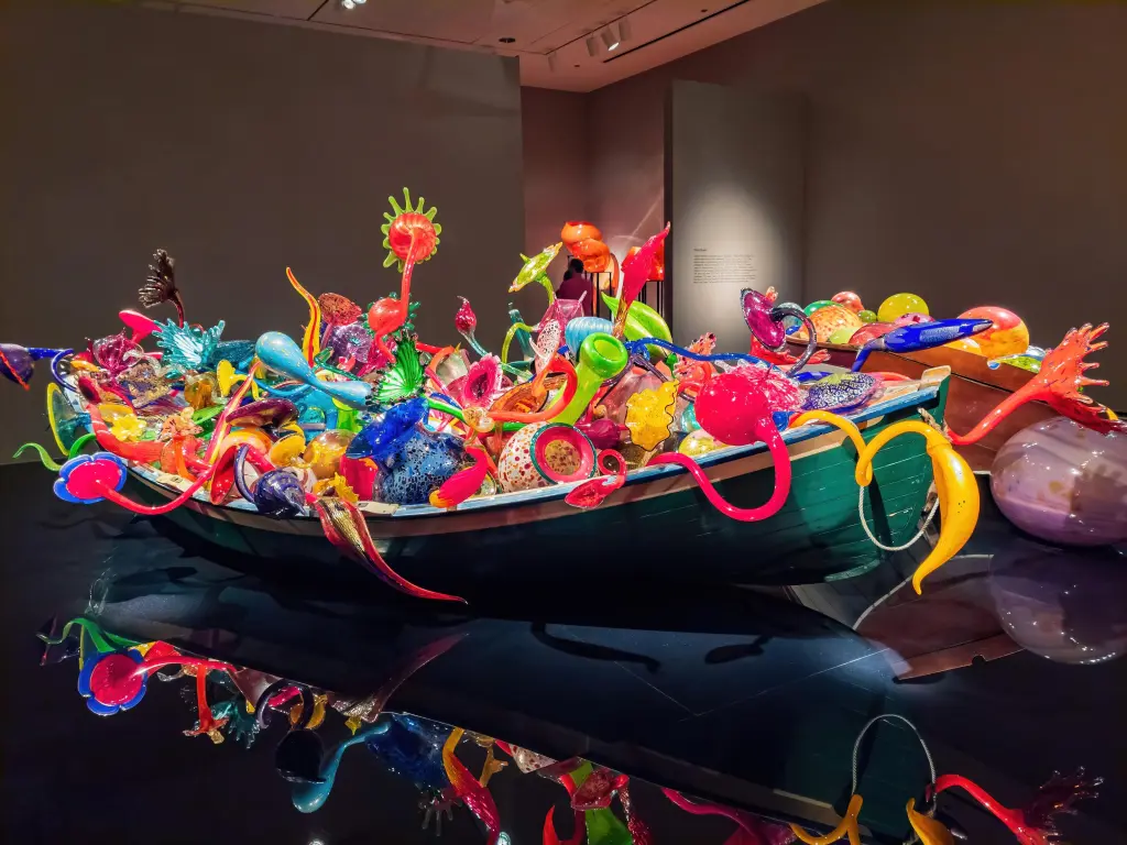 Colorful glass installation at the museum, in a boat