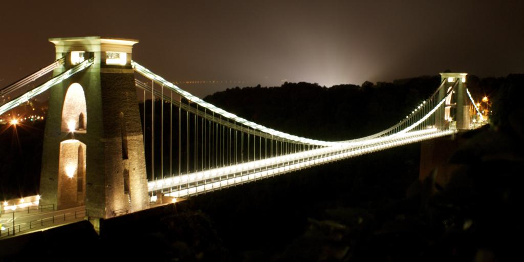 Clifton Suspension Bridge lit up at night, Bristol 