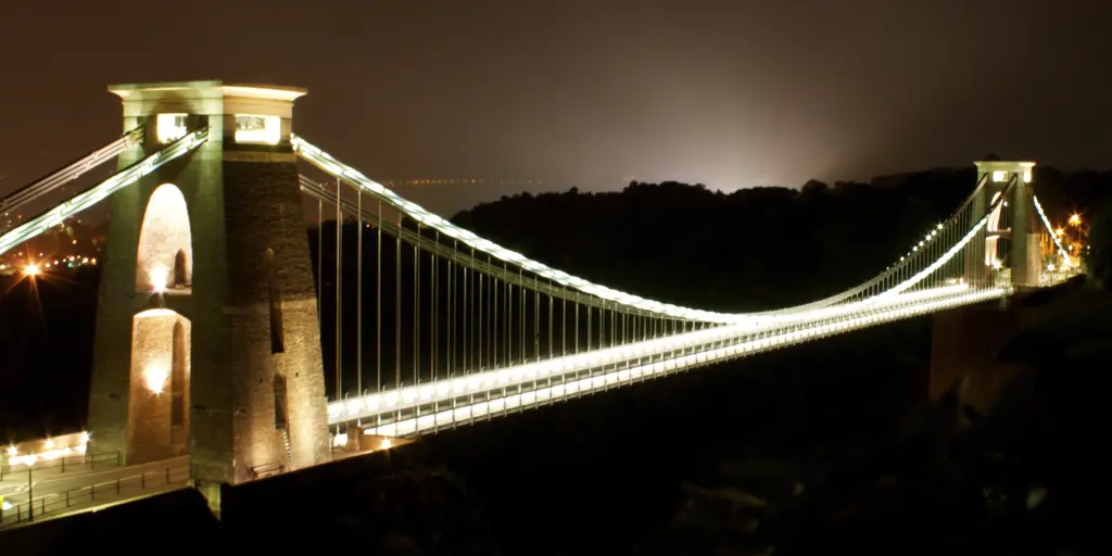Clifton Suspension Bridge lit up at night, Bristol 