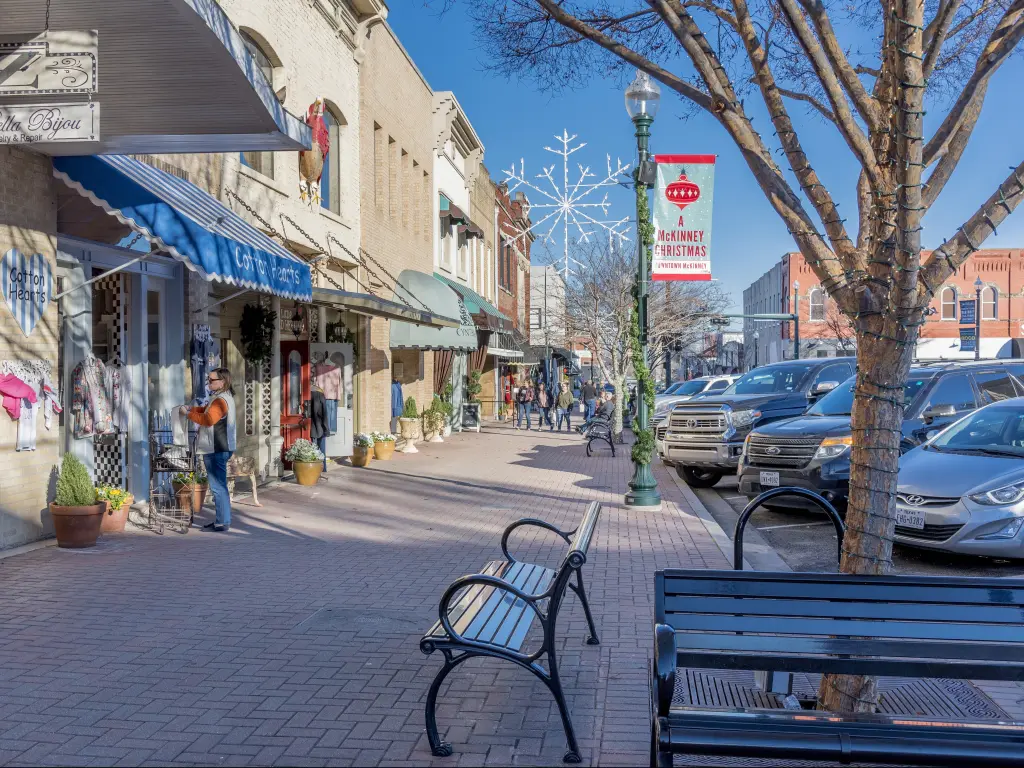 Stores in downtown McKinney, Texas on a sunny day.