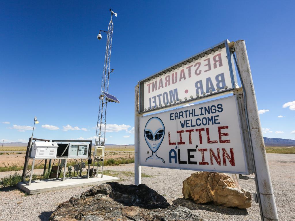 The Little A’Le’Inn restaurant and motel sign found near the entrance of Area 51, Rachel, USA
