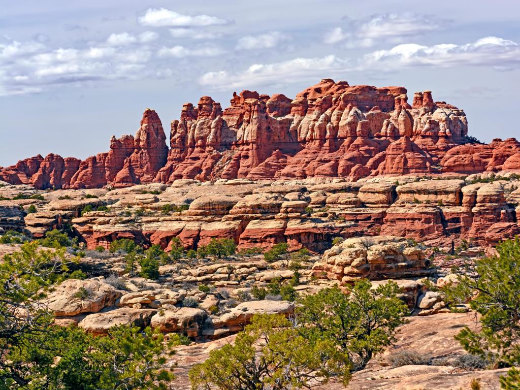 View of red and white rock formations stacked at Jumbled Spires with lush greenery in the forefront, Canyonlands National Park in Utah, USA