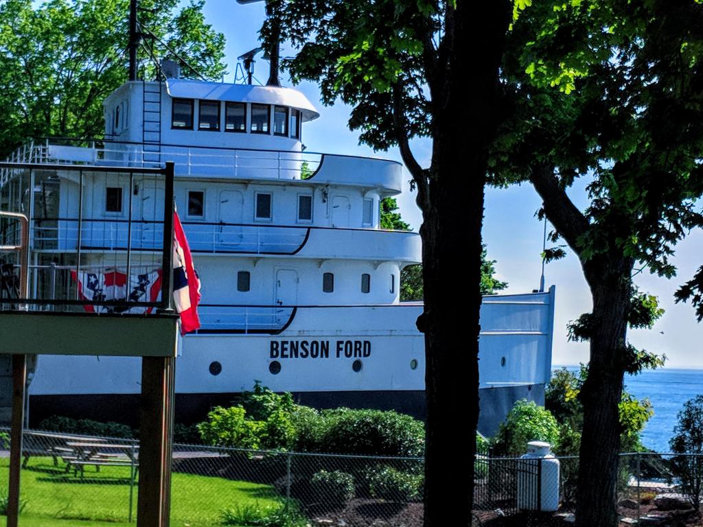 View of the Benson Ford, a former freighter that was owned by Ford that has been turned into a house on South Bass Island.