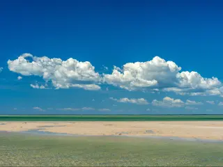The exposed tidal flats between Cape Cod and Monomoy Island at low tide with puffy clouds on the horizon.