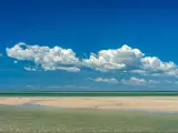 The exposed tidal flats between Cape Cod and Monomoy Island at low tide with puffy clouds on the horizon.