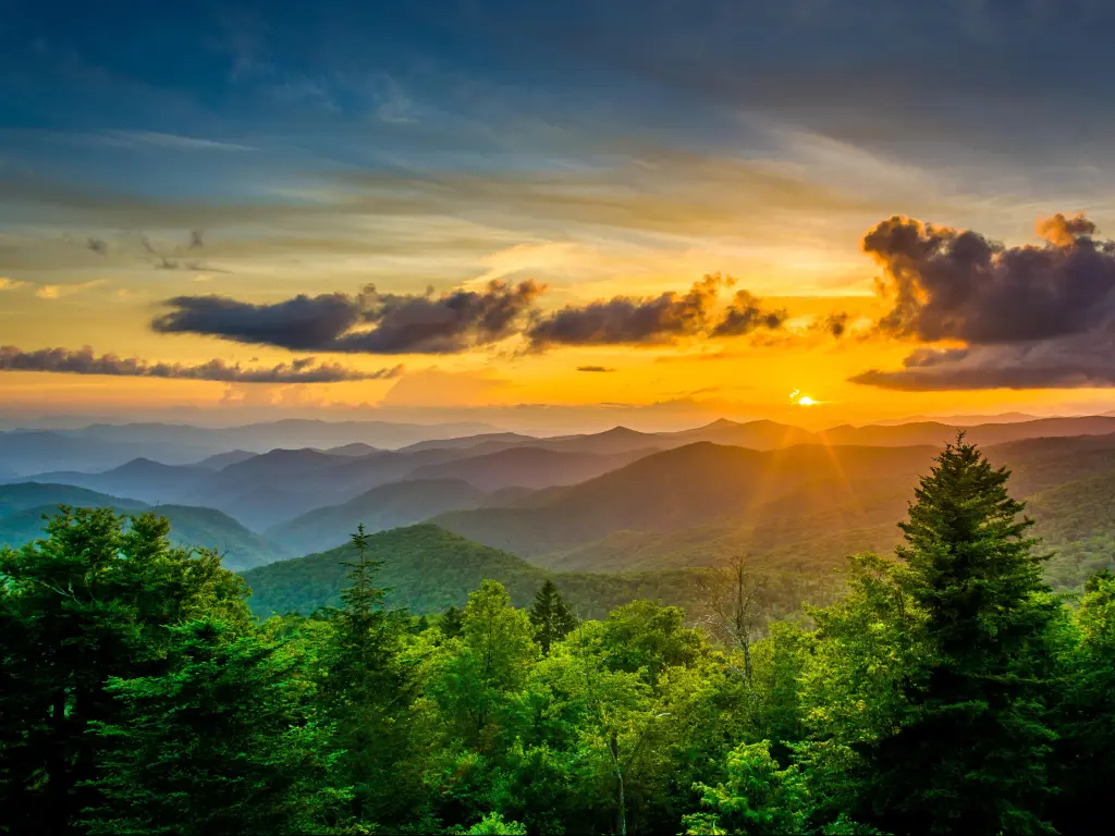 Appalachian Mountains, North Carolina, USA with a sunset over the Appalachian Mountains from Caney Fork Overlook on the Blue Ridge Parkway in North Carolina.