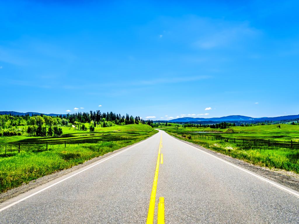 Kamloops-Princeton Highway, between the towns of Merritt and Princeton in British Columbia, Canada as it cuts through the mountains and lush farmland