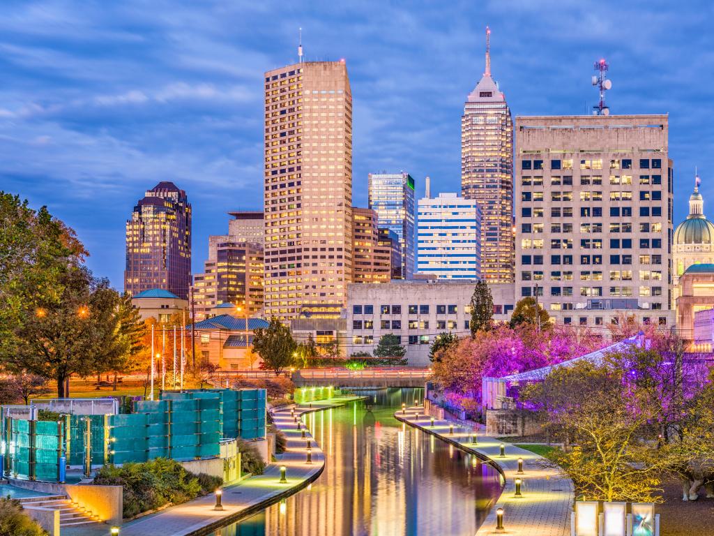 Indianapolis, Indiana, USA skyline and canal taken at early evening.