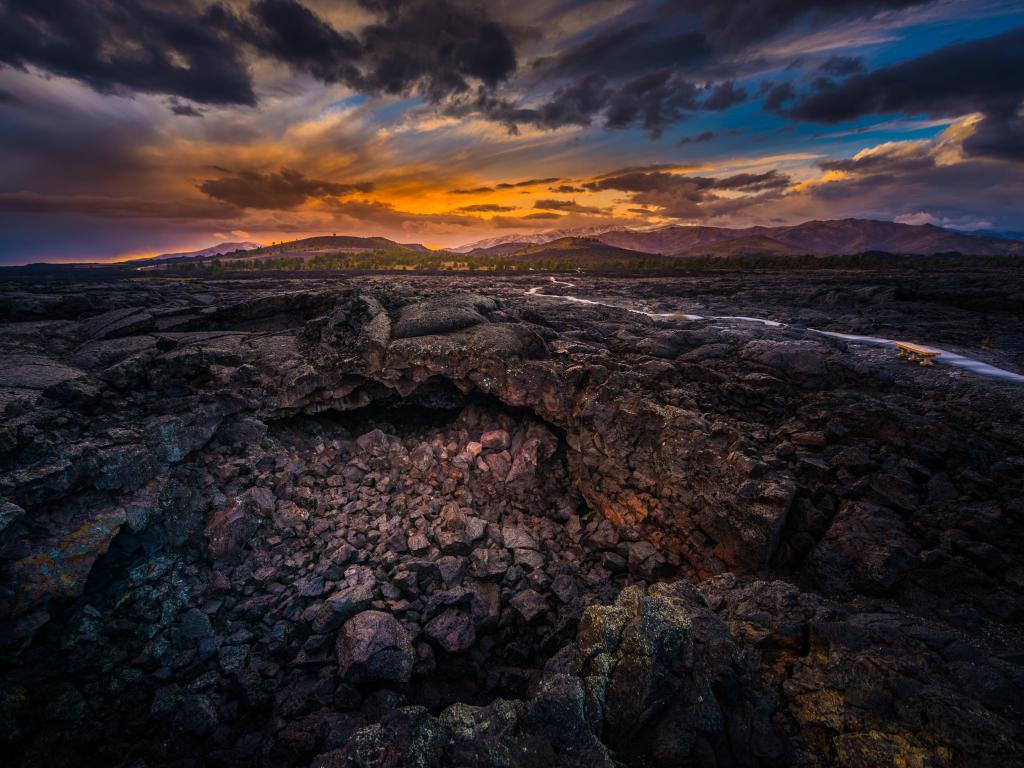 Crater of the Moon National Preserve, Idaho at sunset, with its distinctive rock formations 