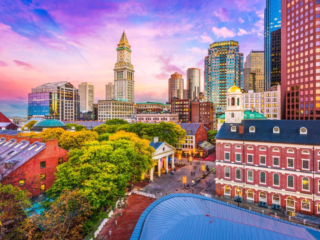 Boston, Massachusetts, USA historic skyline at dusk.