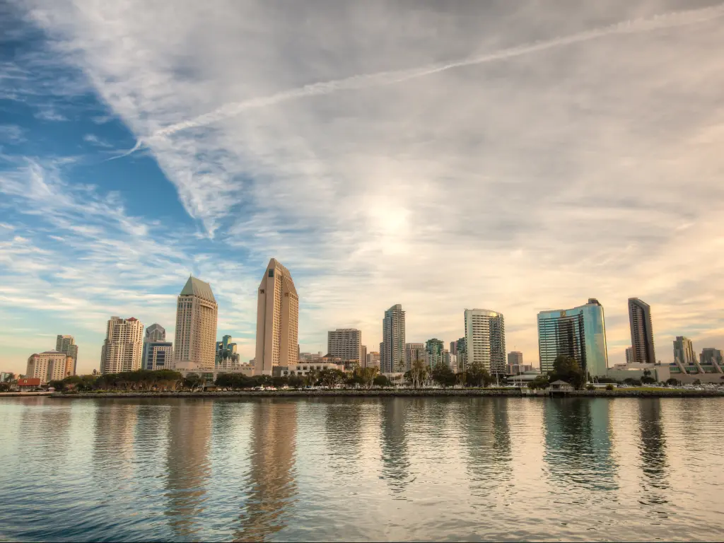 San Diego skyline from across the San Diego Bay on a clear day with light clouds