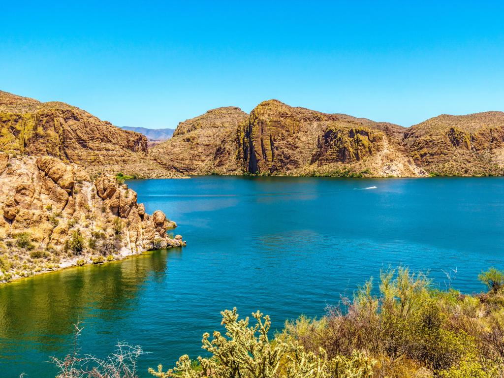 Canyon Lake and the Desert Landscape of Tonto National Forest along the Apache Trail in Arizona, USA