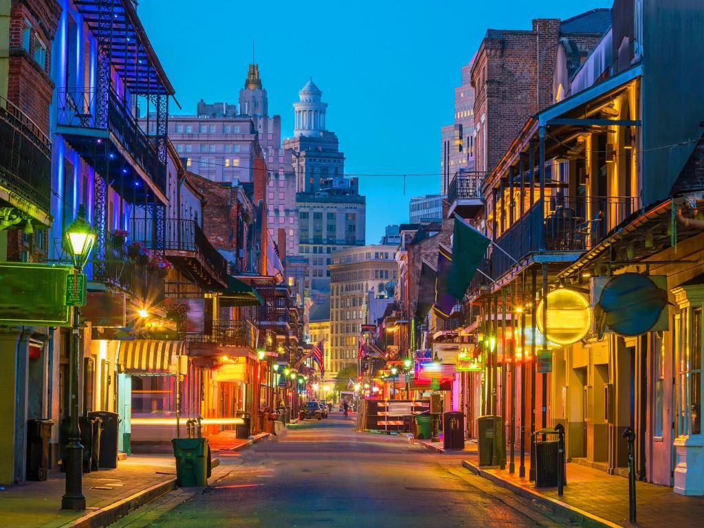  New Orleans French Quarter filled with the lights of bars and restaurants in the evening