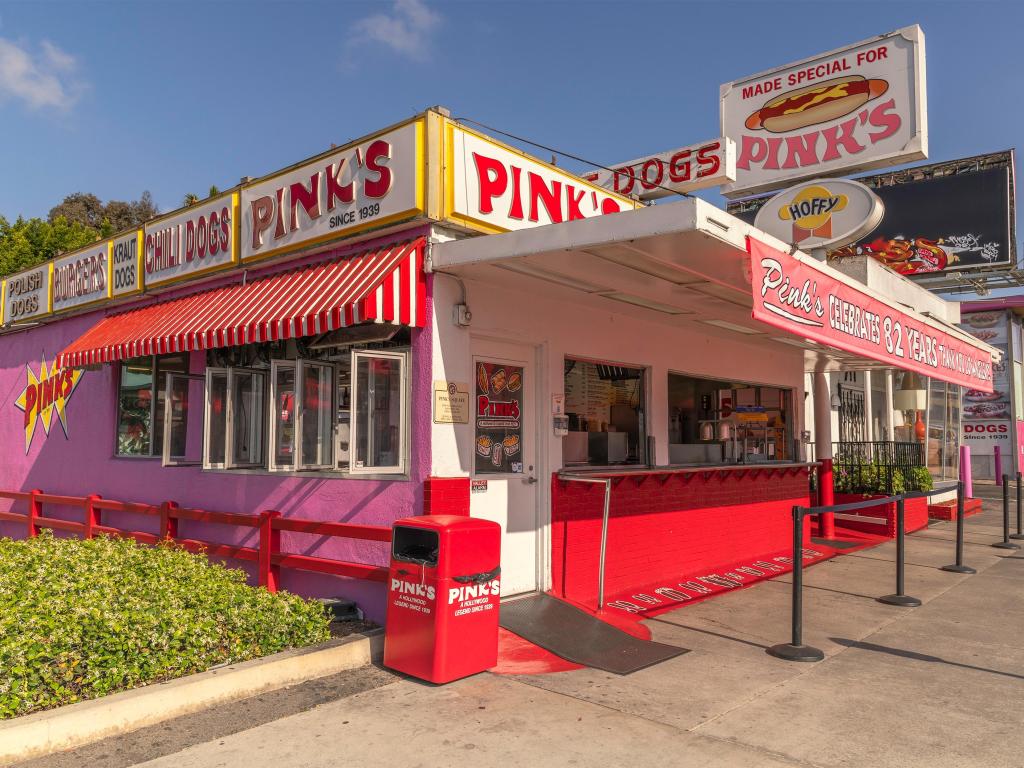 Exterior of famous Pink’s Hot Dog on La Brea Avenue on a sunny day