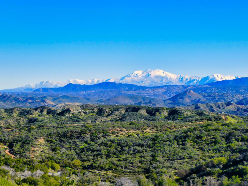 Cleveland National Forest, Southern California, USA with the Agua Tibia Wilderness in Cleveland National Forest, in the background the snowy peaks of th San Jacinto Range taken on a sunny day.