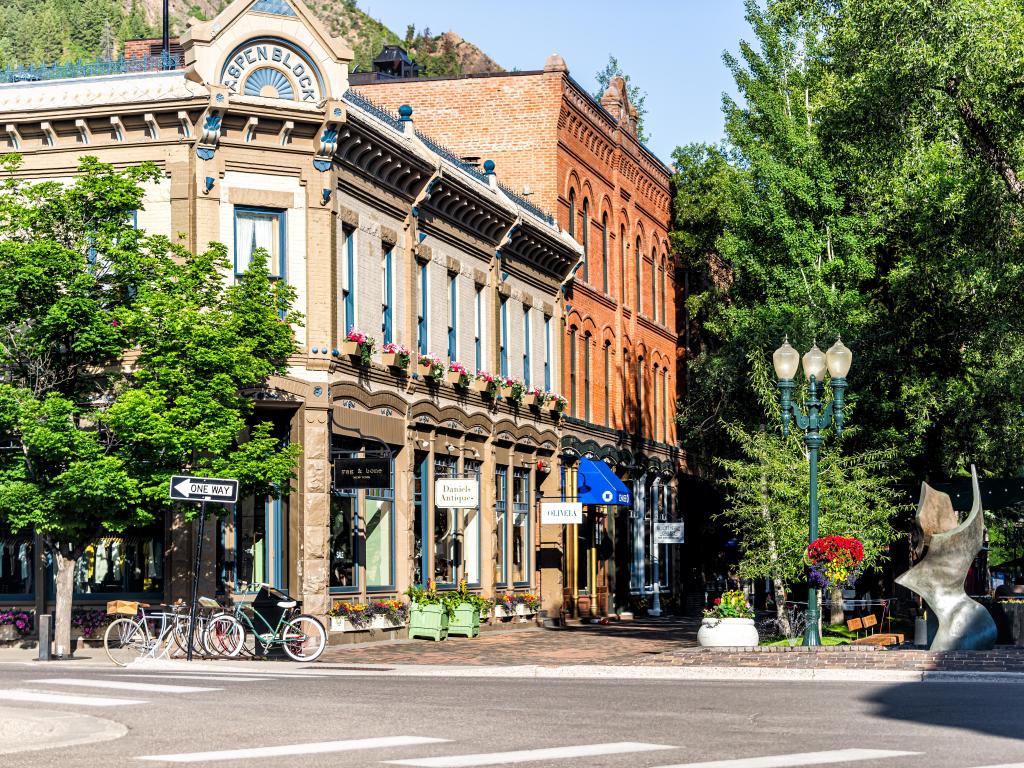 Vintage architecture on a street corner in downtown Aspen, Colorado on a summer's day