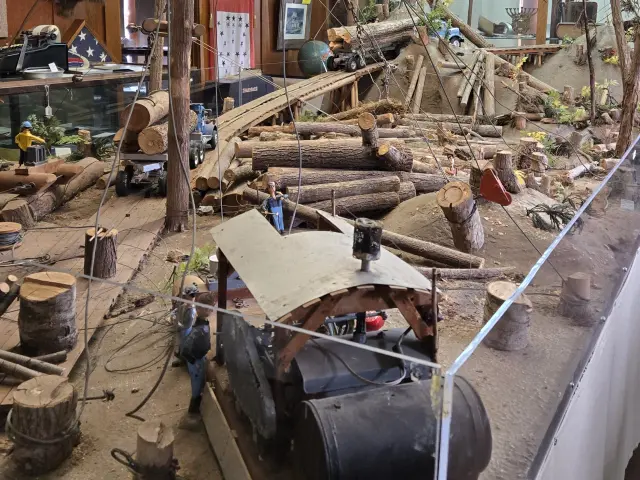 View of handmade logging diorama at display in the museum