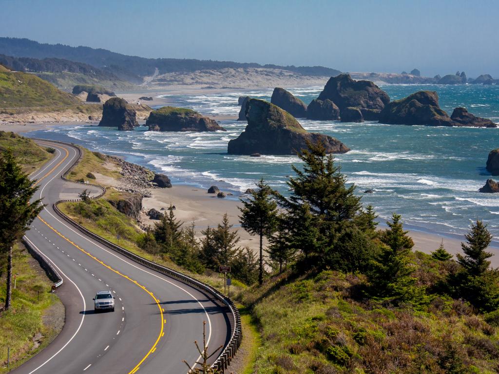  A lovely sight of Cannon Beach from Oregon Coast Highway in fine sunny weather.