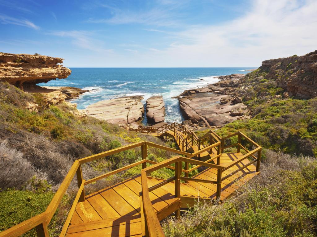 Wooden staircase leading down to a rugged, untouched coastline on a sunny day