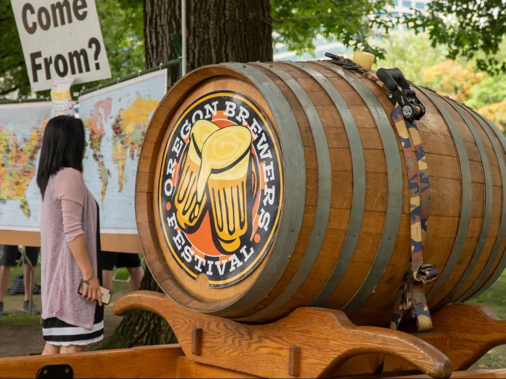 A large barrel of beer at the Oregon Brewers Festival in Portland that happens every July