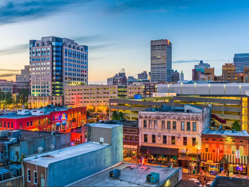 Memphis, Tennessee, USA with the downtown skyline at night, bright lights and pretty colors in the middle of the city. 