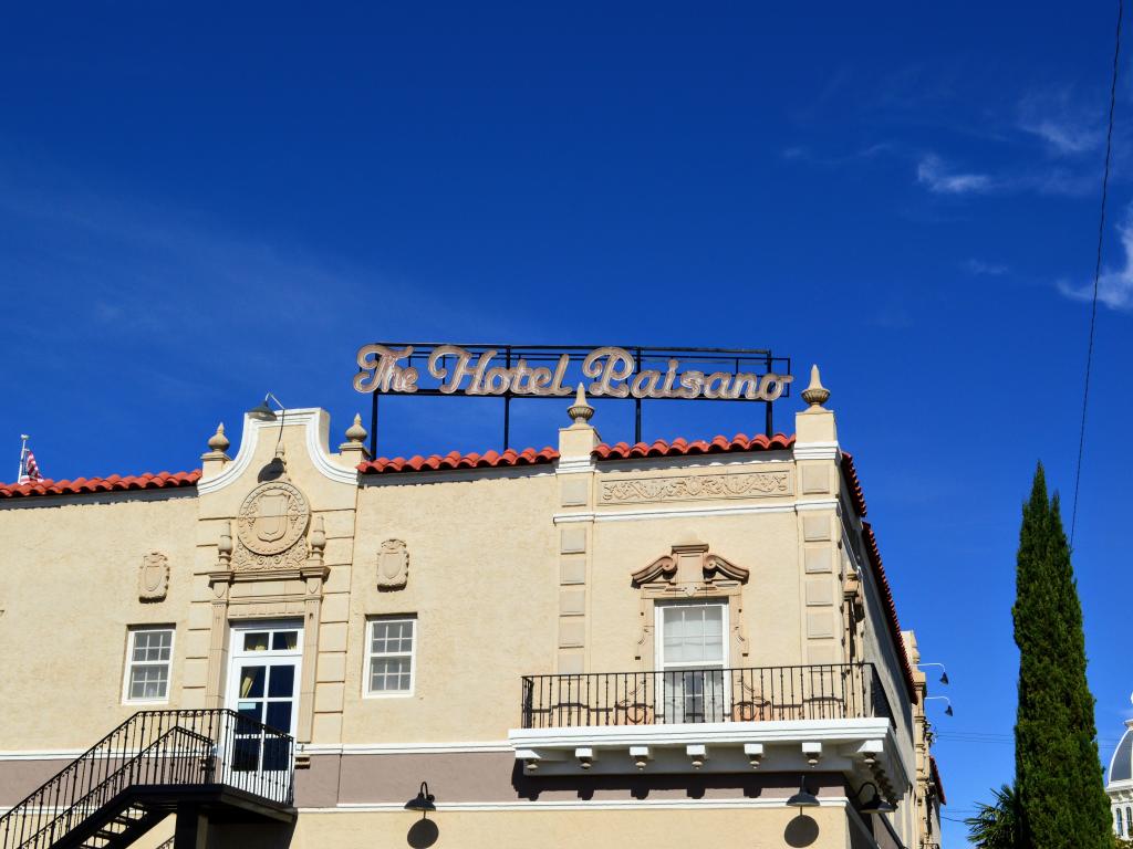 Famous hotel and its sign on a sunny day in Marfa