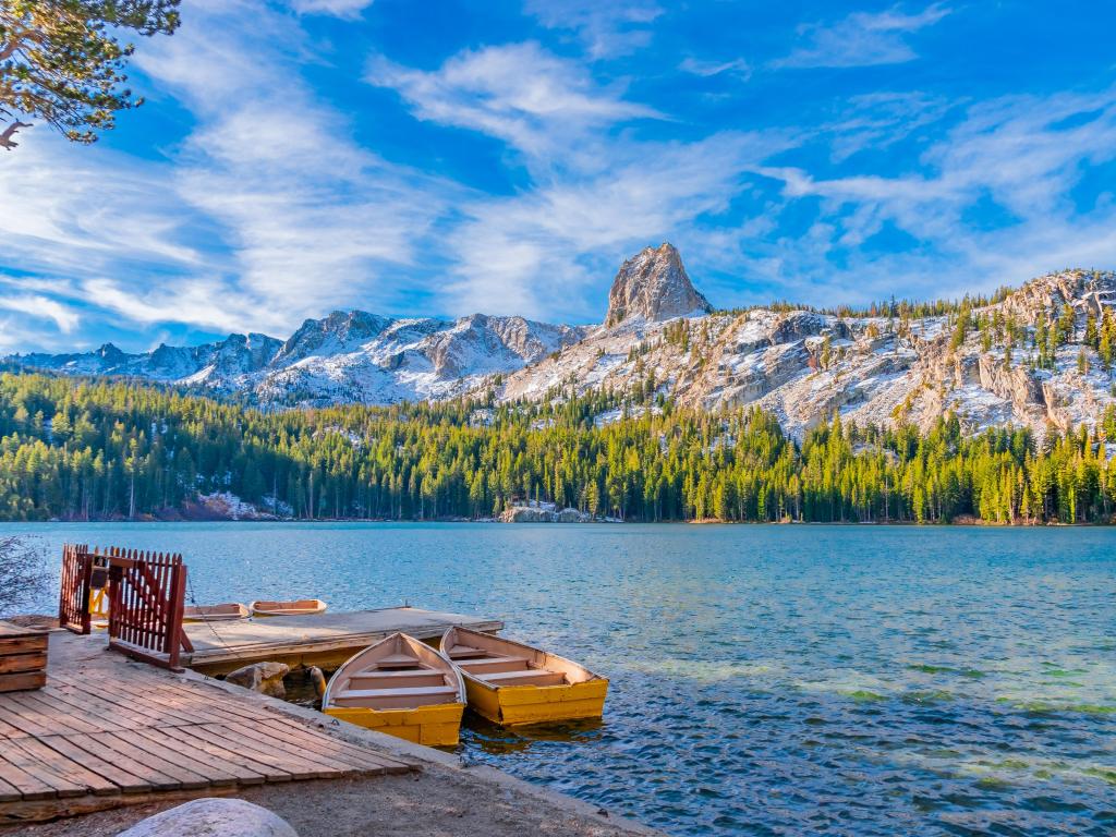 Mammoth Lakes, California, USA with boats sitting at dock at Lake George with the Crystal Crag peak in the distance.