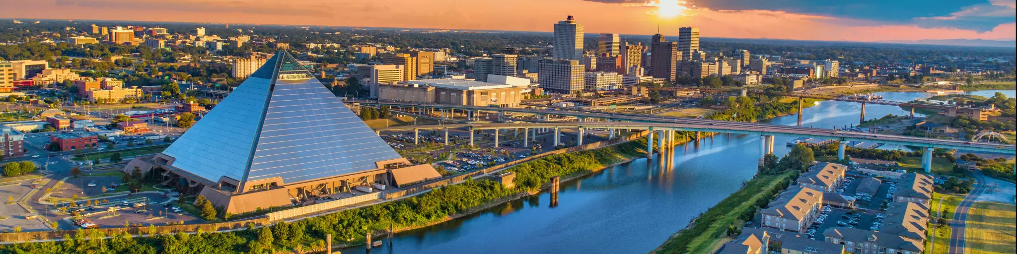 Memphis, Tennessee, USA Downtown Skyline. Aerial photo taken at sunset. 