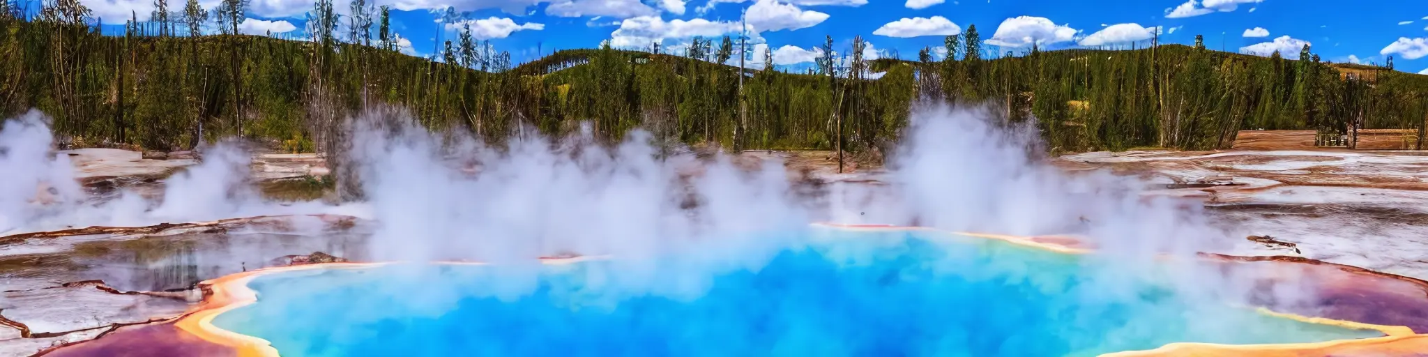 Colorful pool in the national park with smoke rising above it