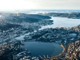 A view of Bergen, Norway, from the top of a mountain