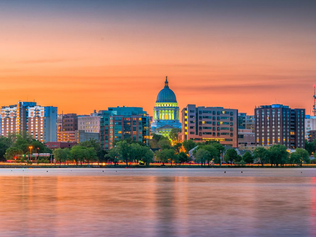 Skyline of downtown Madison with the Wisconsin State Capitol on Lake Monona
