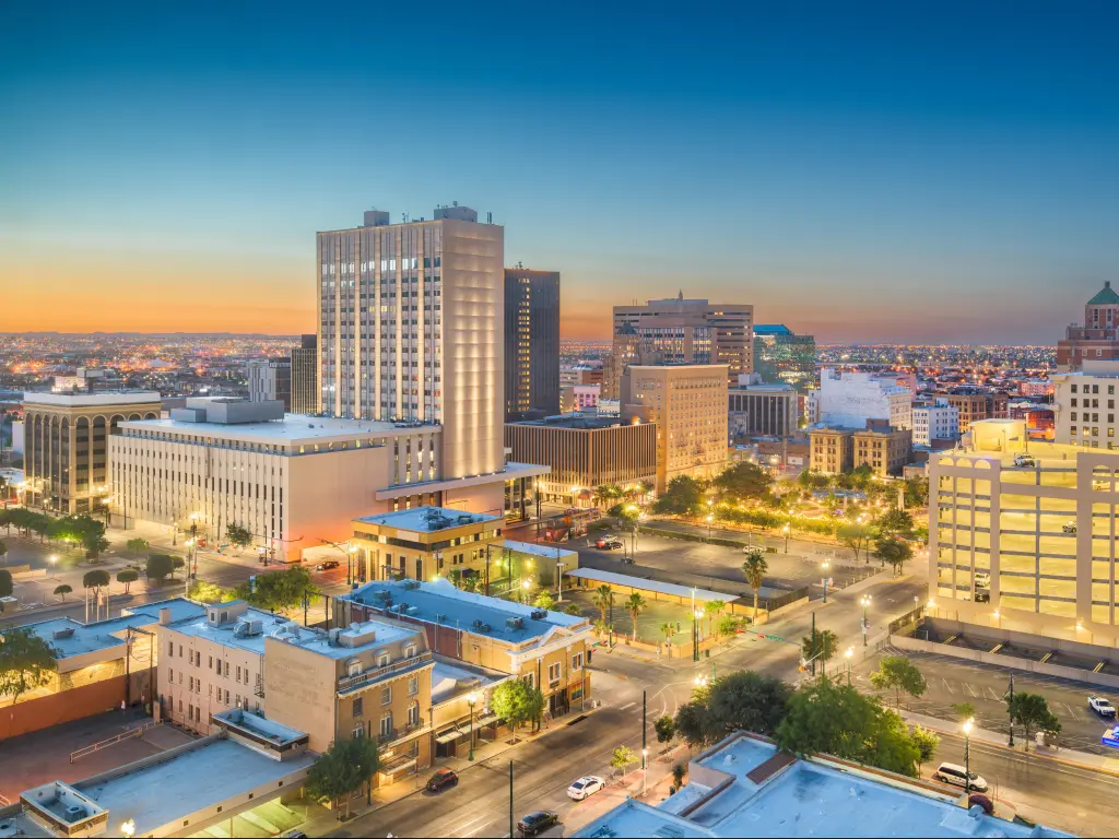 El Paso, Texas, USA downtown city skyline at twilight.