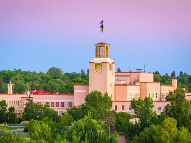 Pink buildings of downtown Santa Fe as sunset