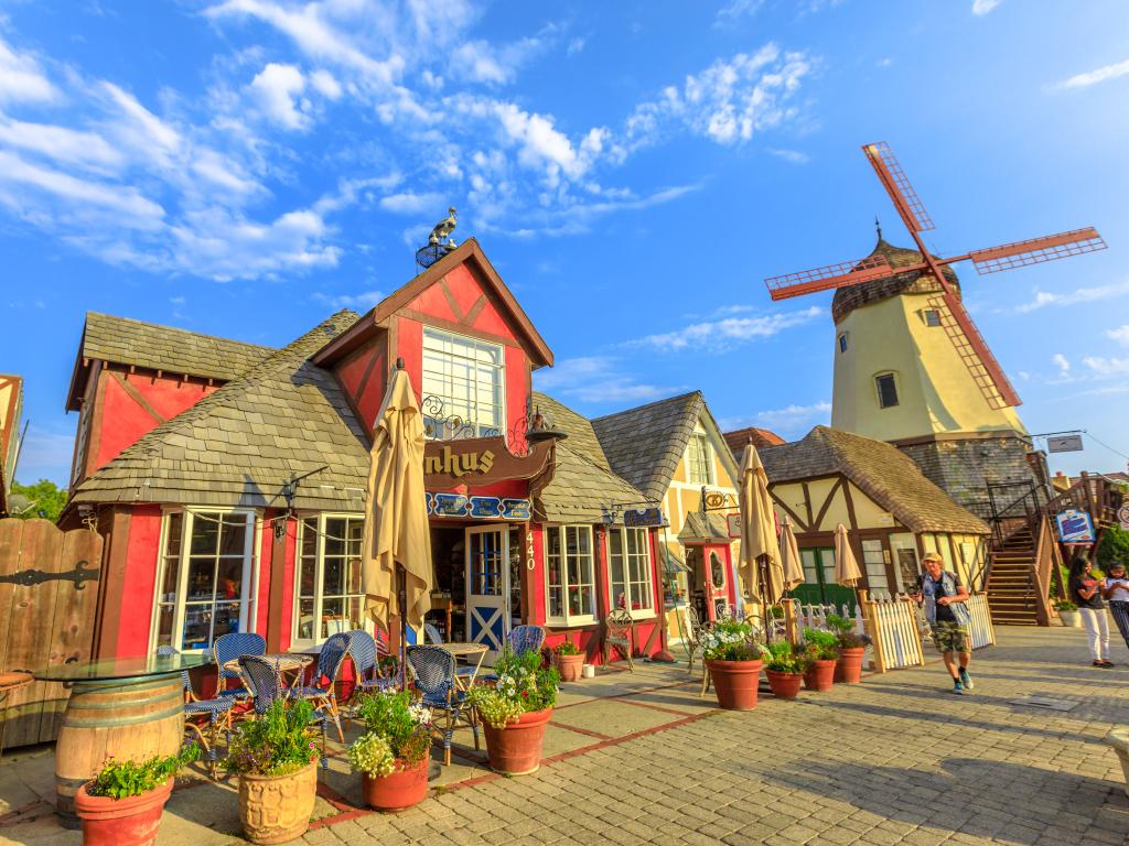 Old Windmill set in a pretty street in Solvang, California 