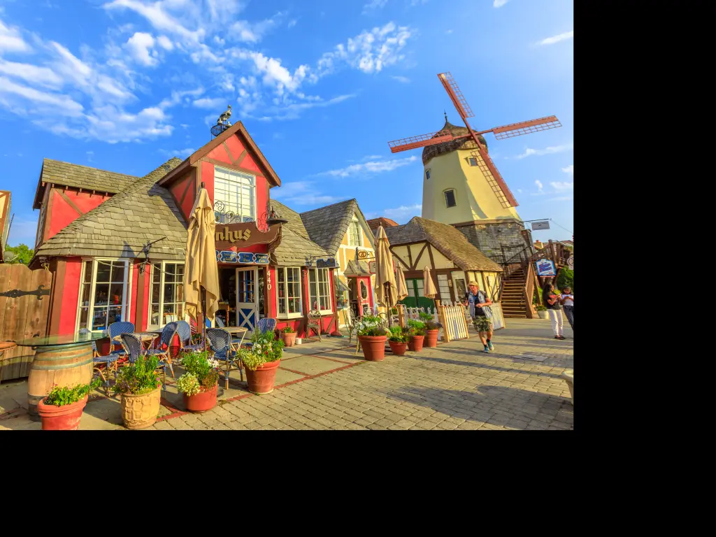 Old Windmill set in a pretty street in Solvang, California 