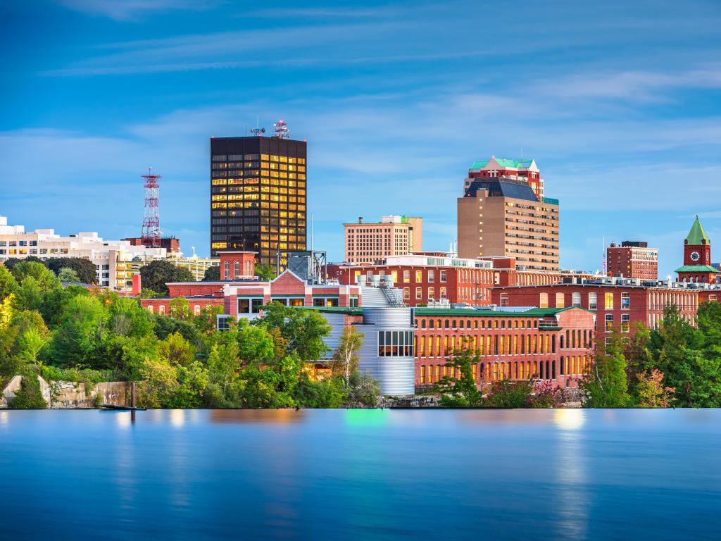 Skyline on the Merrimack River in Manchester, New Hampshire at dusk