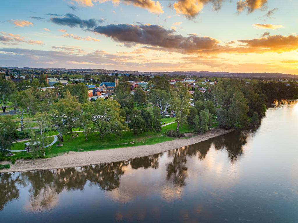 Aerial drone view of the sunset over the Murrumbidgee River in Wagga Wagga 