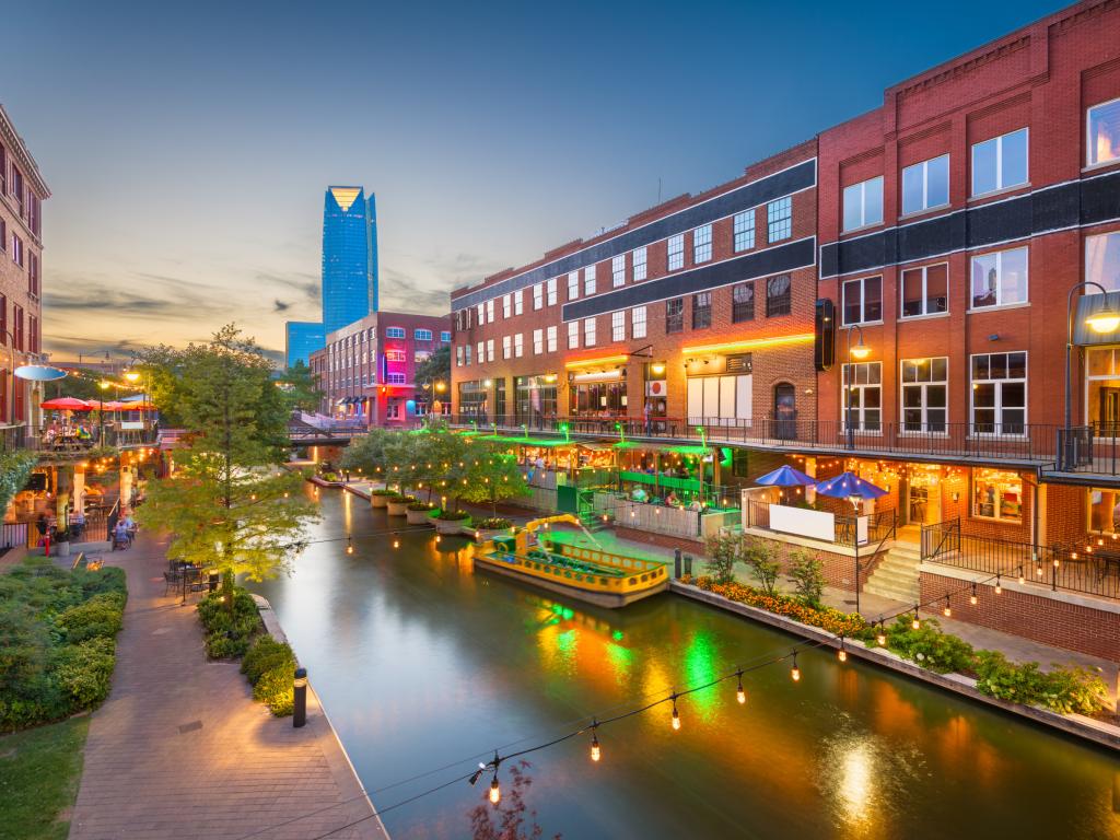 Bricktown neighborhood at night in Oklahoma City, Oklahoma