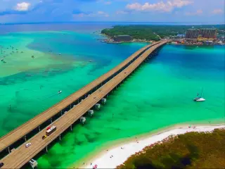 Aerial view of bridge near Panama City on a clear day.