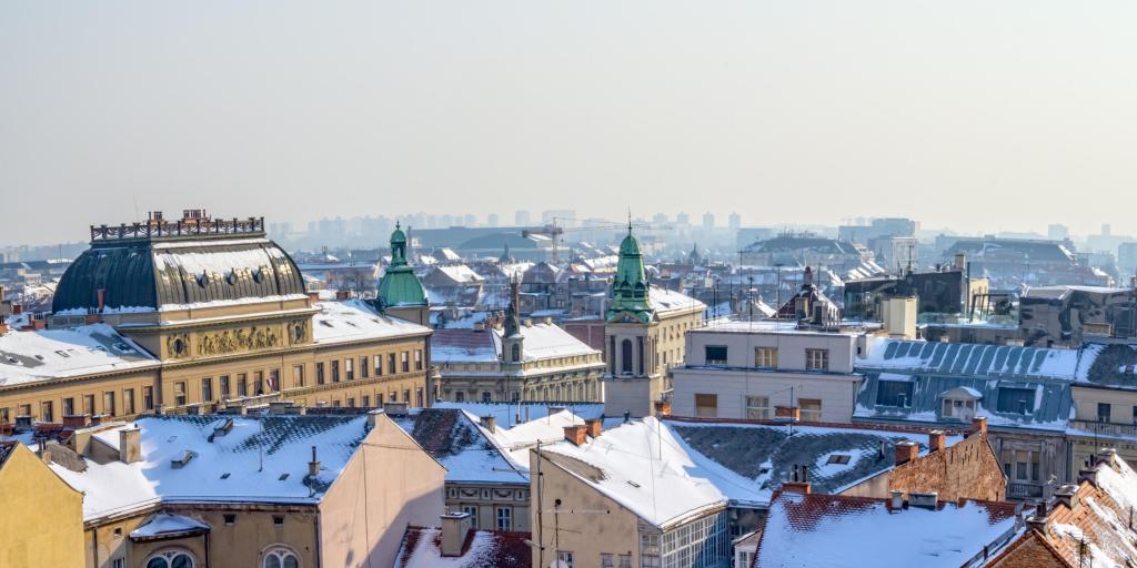 Panorama of Zagreb old town on a snowy day. 