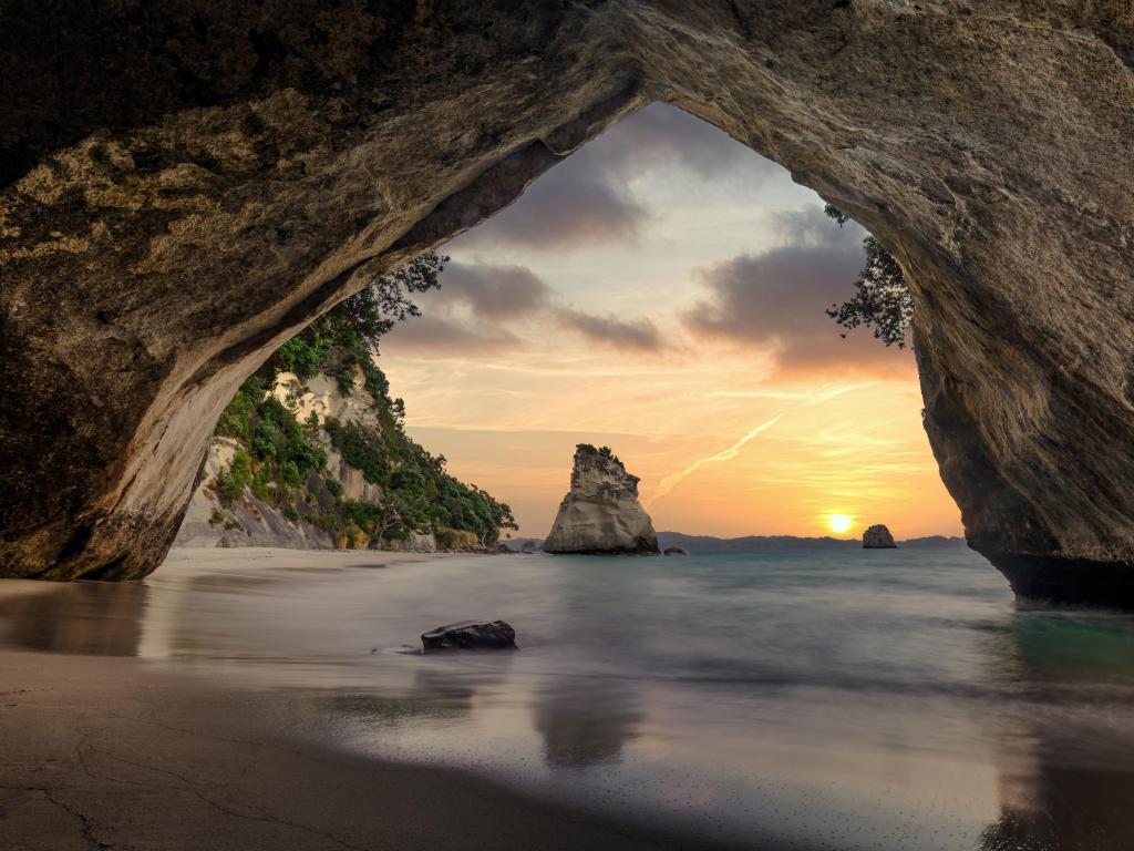 Cathedral Cove at sunset, Coromandel Peninsula, New Zealand