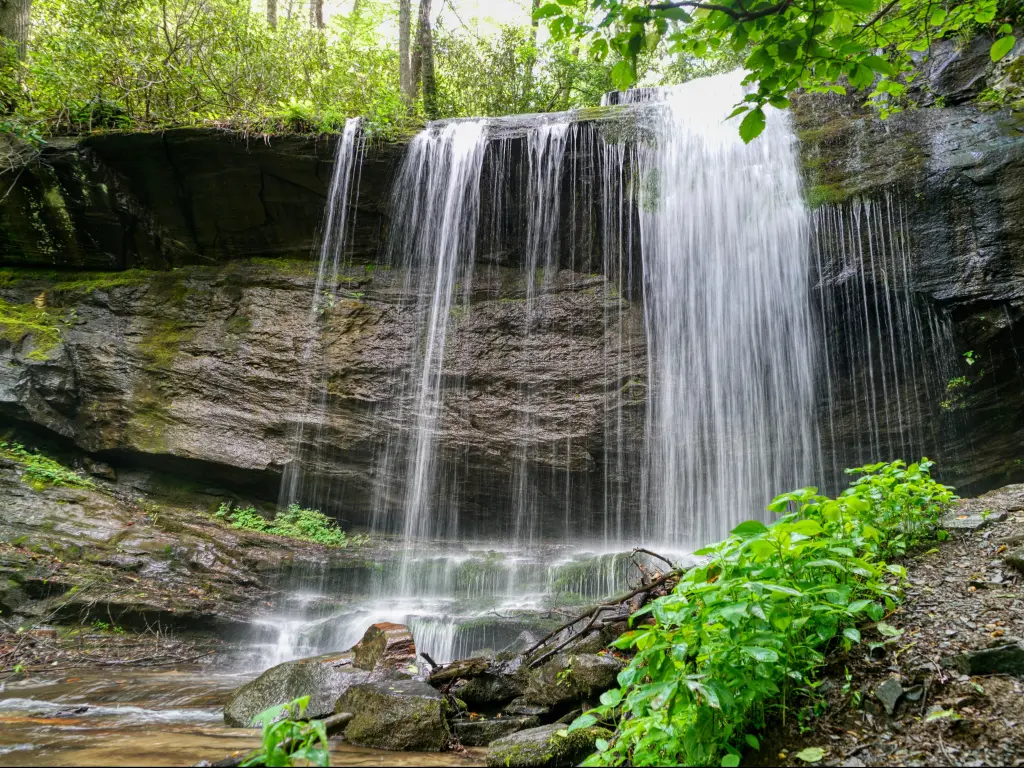 A waterfall in Pisgah National Forest. The water is flowing through some big rock formations.
