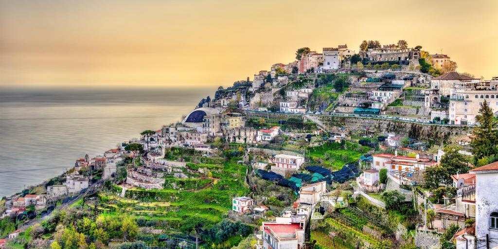 A shot of Ravello on a hill overlooking the sea